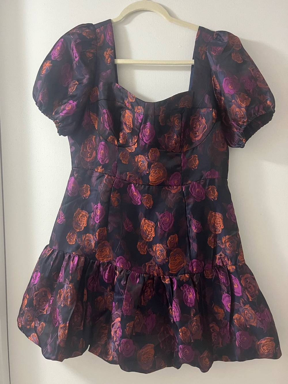 Black Puff-Sleeve Rose Print Mini Dress - Purple & Orange Roses